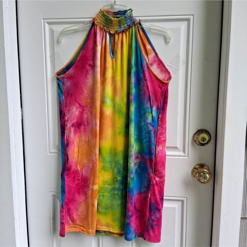 255 Small Dress Perfect Peach Smocked Turtleneck Tie Dye Yellow Green